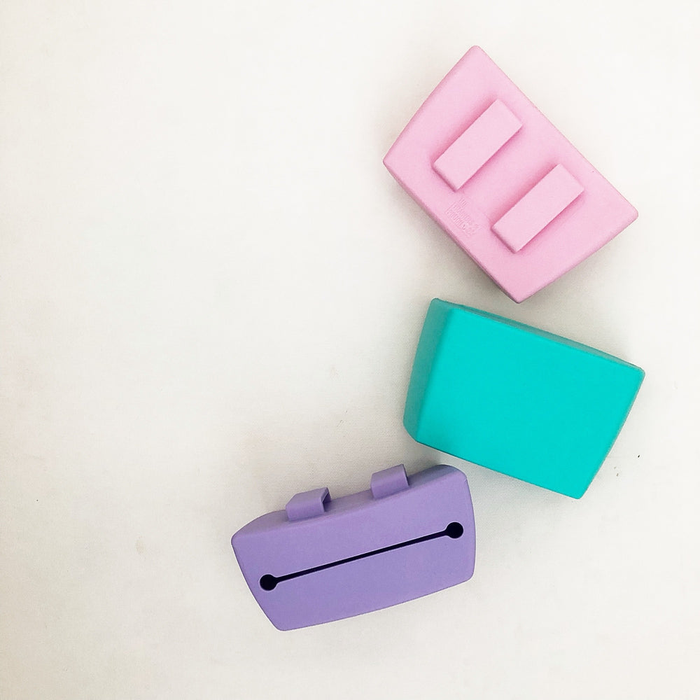 Pink, Aqua and Periwinkle pouches showing the belt loops